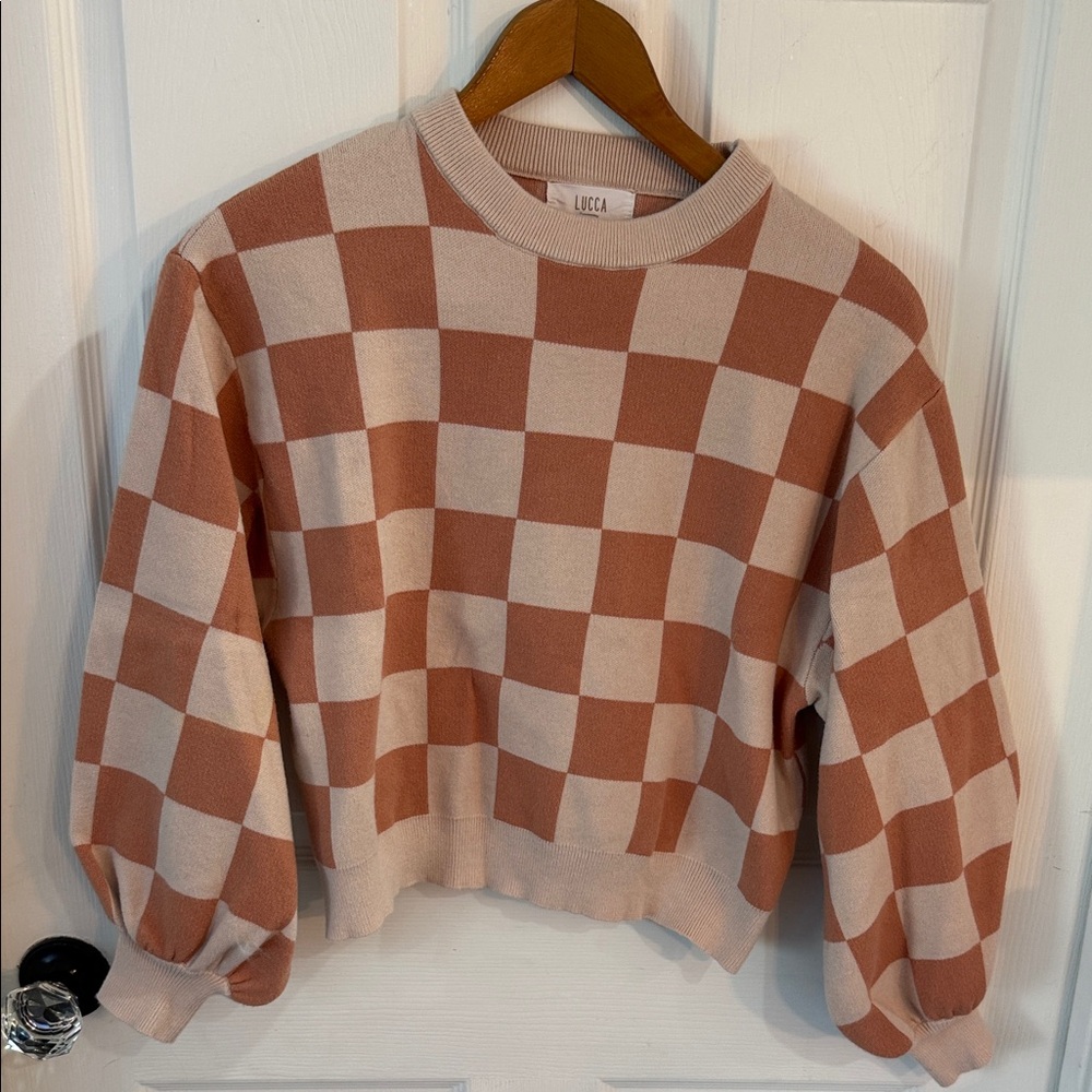 LUCCA Pink and Cream Checker Knit Sweater